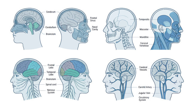 Human head anatomy diagrams showing brain muscles and nerves