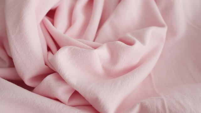 Close-up of dusty pink linen fabric with organic folds and a soft, crumpled texture. The monochromatic rose-colored textile offers a warm, cozy feel ideal for bedding, wellness, or fashion backgrounds