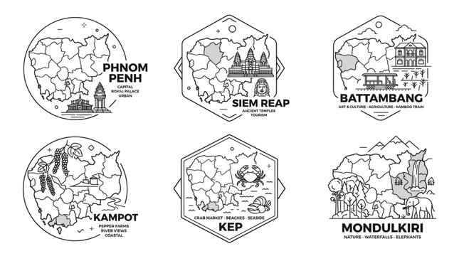 Minimalist cambodian province travel stamps and landmark icons