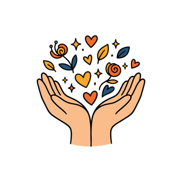 Two hands holding floating hearts and flowers in a flat design