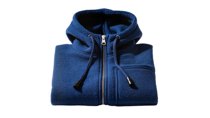 Blue fleece hooded jacket with zipper and drawstrings, isolated on transparent background © Marta