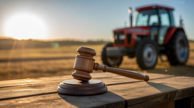 Judge gavel on wooden surface with tractor in farm field background during sunset