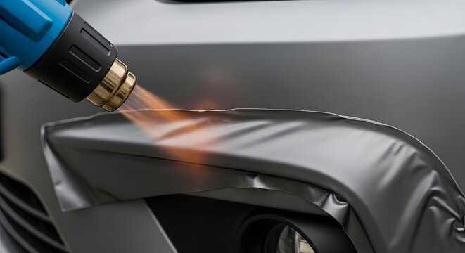Applying a protective vinyl film to a car bumper using a heat gun, close-up view.
