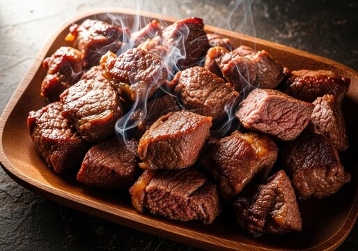 Succulent, tender pieces of cooked lamb meat steaming hot on a rustic platter, showcasing delicious food preparation and savory flavor, gourmet, rustic, heat