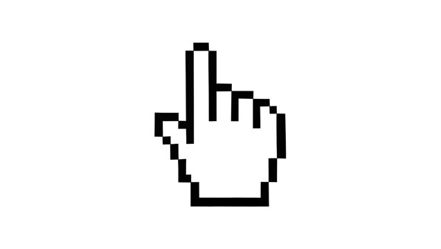 Pixelated black hand cursor pointing upwards, isolated on transparent background