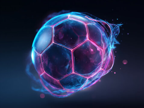 Futuristic glowing soccer ball floating in dark background