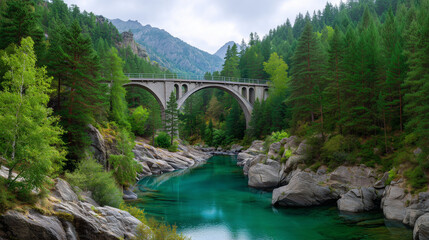 Fototapeta premium Scenic stone arch bridge over turquoise mountain river, lush pine forest valley, wilderness landscape, travel photography, outdoor adventure, alpine nature, eco tourism, tranquil scenery