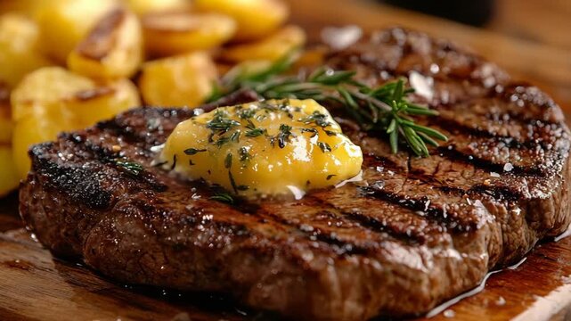 selective focus perfectly grilled steak with melting garlic butter thyme and rosemary garnish