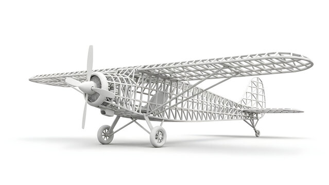 A wireframe model airplane with a propeller and wheels sits on a surface.
