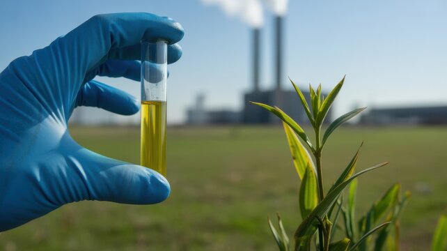 Scientist holding test tube with yellow liquid, power plant in background