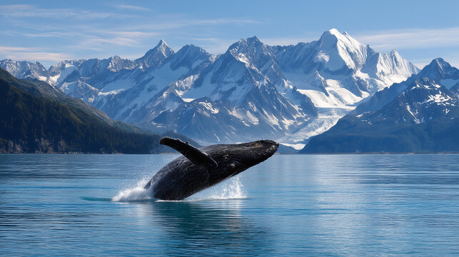 Humpback whale breaching, Alaska glacial fjord, marine wildlife photography, oceanic surface jump, splashing water, majestic sea mammal, travel nature landscape, arctic conservation, oceanographic