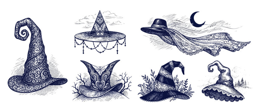 Witch hat drawings set isolated on white for Halloween gothic design. Hand drawn vintage wizard hats with lace, spiderwebs, magic moon, and spooky occult elements for mystical greeting cards design.