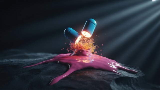 Blue medicine capsule breaking open and releasing glowing powder onto pink liquid on dark rocky surface
