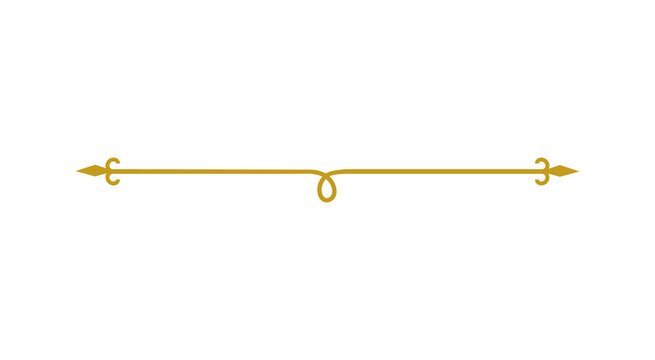 Gold ornate horizontal line divider with scroll and arrow ends, isolated on transparent background