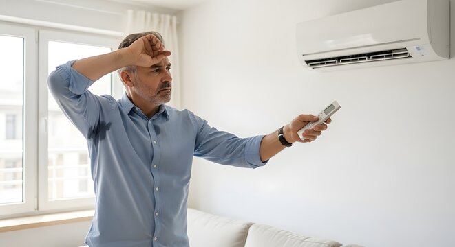 Sweaty man suffering from heat in a room, trying to turn on the air conditioner with a remote control.