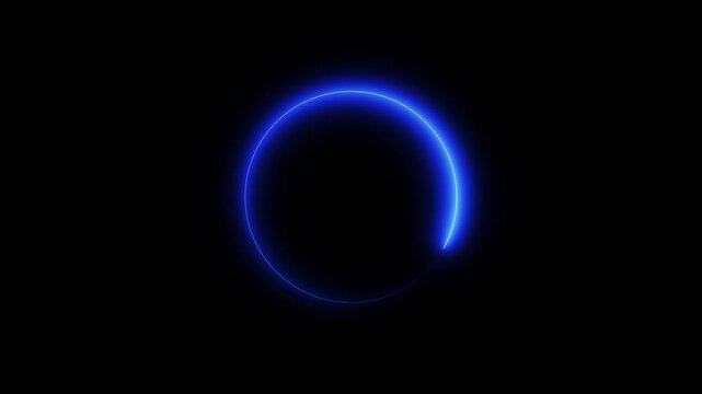 Blue neon light trail circle on black background. with futuristic digital. cyan circle glow border concept on the transparent background. with glow particles 4k, right 
