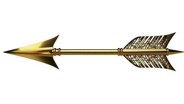 Ornate golden arrow with sharp point and decorative fletching, isolated on transparent background