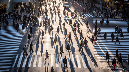 Obraz premium Crowded Pedestrian Crossing in a Bustling City at Sunset.