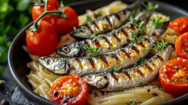 selective focus bowl of spaghetti with sardines cherry tomatoes olive oil parmesan and fresh herbs