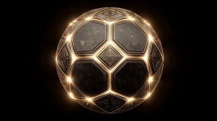 Naklejka premium Golden 3D soccer emblem glowing in dark background