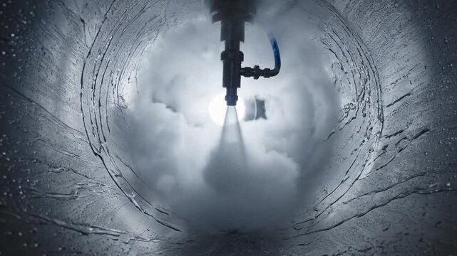 Industrial nozzle spraying dense mist inside a metal pipe