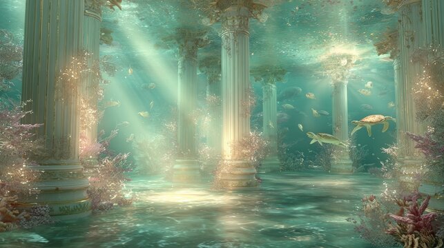 Lost civilization. Fantasy. A vivid underwater scene depicts a grand, ornate, and majestic underwater temple. The temple is composed of tall.