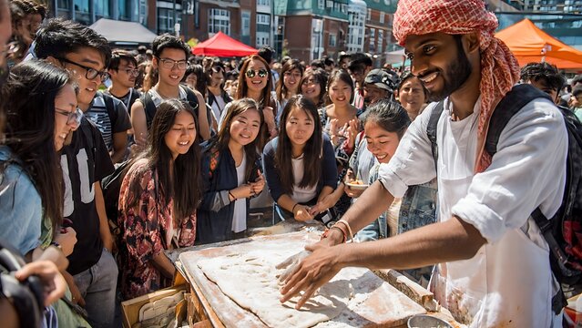 Vibrant outdoor fish market with bustling vendors and customers.