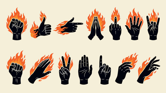 Set of hand gestures with fire flames, vector illustration of various hand signs and signals, burning hands isolated on light background