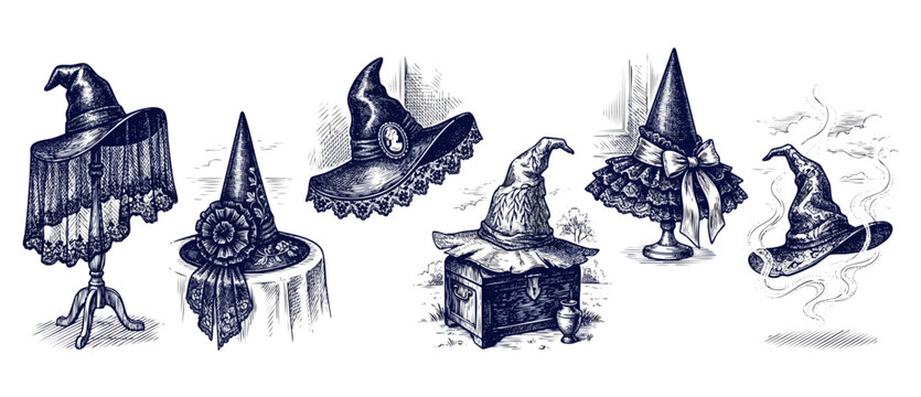 Witch hat vintage engraving set of magic wizard headwear with lace, bows, and mystical smoke details on a white background for gothic Halloween design patterns and spooky occult fantasy illustrations.