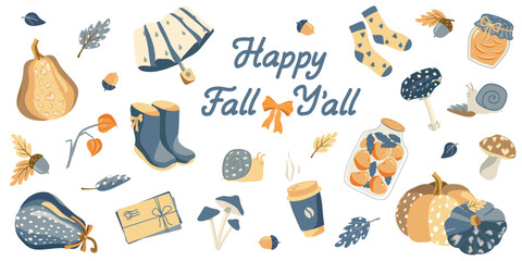 Happy Fall Y'all Autumn Clipart Collection – Cozy Fall Elements, Pumpkins, Rain Boots, Acorns, Mushroom, Harvest Season Vector Set © Olia