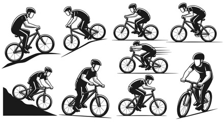 Obraz premium Bicycle Rider and Mountain Biker Silhouette Character Set
