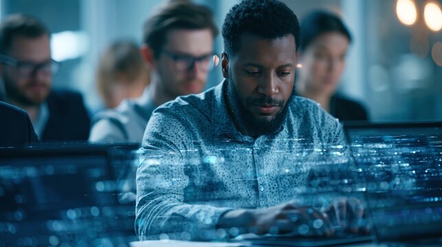 Image of data processing over diverse business people using laptop global business and digital interface concept digitally generated image