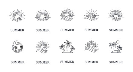 Fototapeta premium Minimalist Summer Sun and Ocean Wave Line Art
