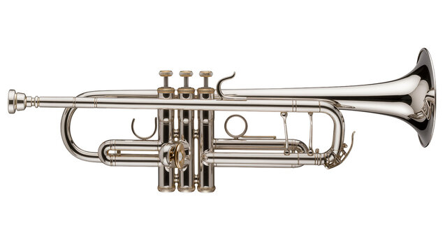 Shiny silver trumpet with three valves, isolated on transparent background