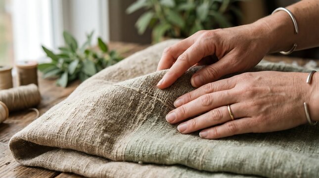 Hands smoothing natural linen fabric on wooden table.