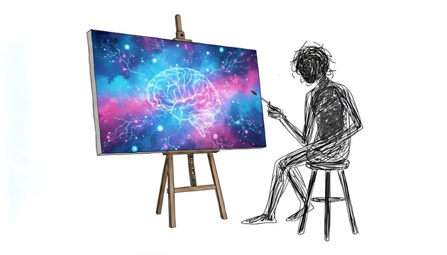 Scribble sketch line art artist figure made of loose messy hand drawn lines sitting on stool, side view facing left, holding paintbrush toward large wide landscape canvas on wooden easel, canvas width