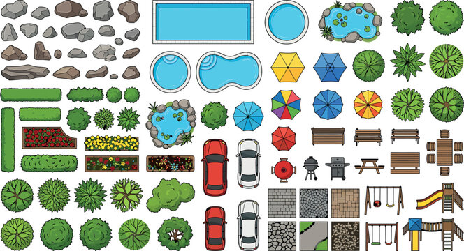 Top view landscape design elements set for architectural plan