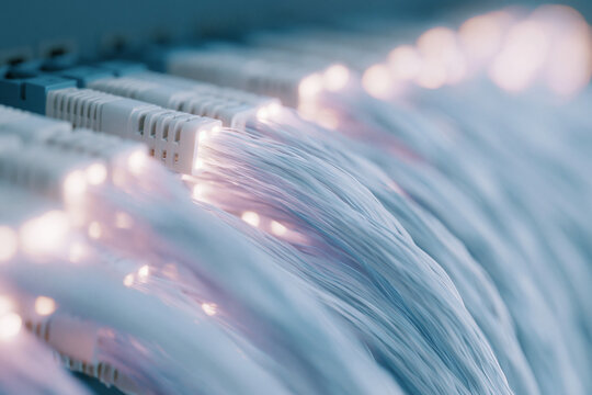 Close up of fiber optic cables connected to a network switch, illuminated strands showcasing data transmission technology in a modern digital infrastructure