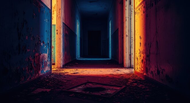 Gloomy monochrome image of a long, abandoned hallway stretching into deep shadow, symbolizing the end of the journey and utter futility, emptiness, lost, suffering
