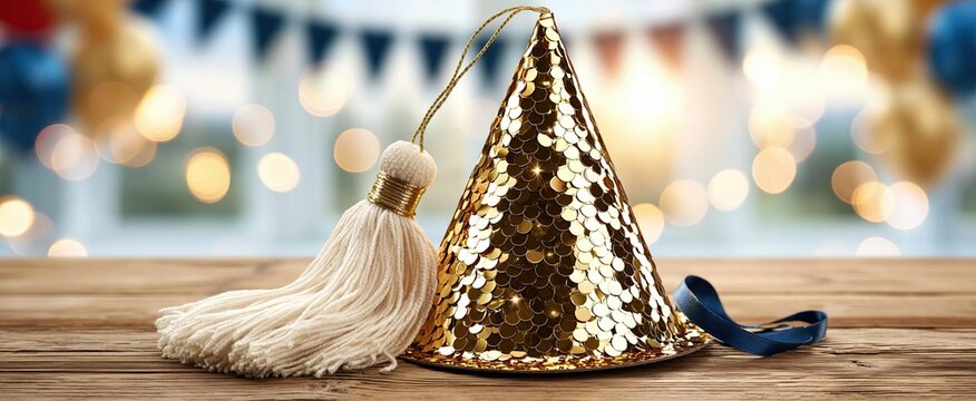 Bright festive backdrop featuring a gold cone party hat adorned with glittering sequins and a tassel.