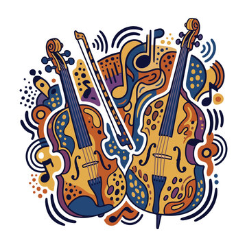 Colorful illustration of two violins with musical notes