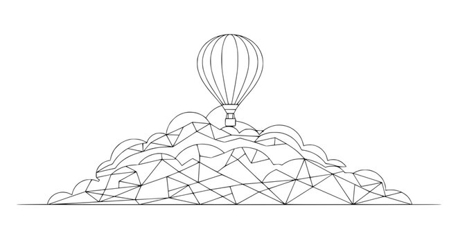 Hot air balloon on geometric mountain peak, abstract concept, minimalist line art