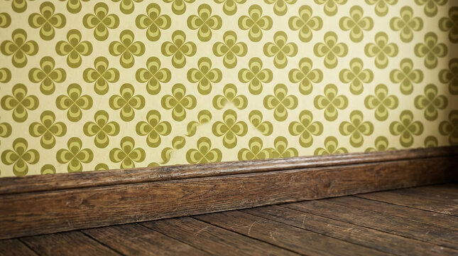A vintage wallpaper with a quatrefoil pattern in green on a beige background, featuring a dark wooden baseboard and floor, evoking retro interior design