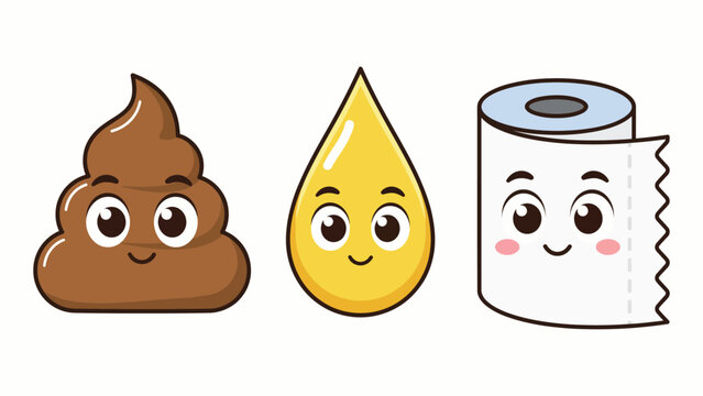Cute Cartoon Poop Pee and Toilet Paper Characters with Smiling Faces Children Potty Training Mascots Feces Pile Urine Drop and Tissue Roll Design