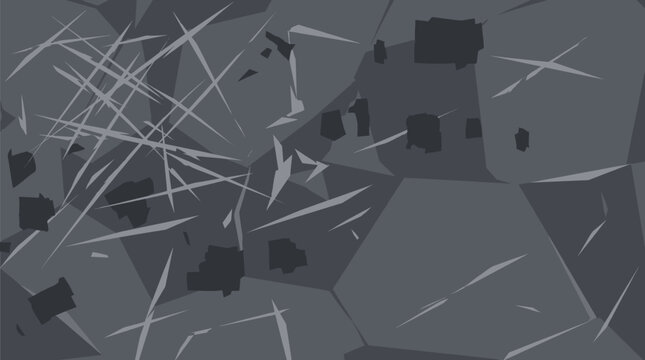 Shattered glass fragments scatter across dark surface with sharp edges and cracks