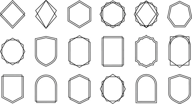 Set of geometric frames and borders, minimalist linear badge shapes for logos and design elements