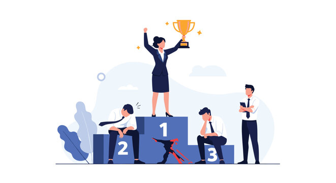 Successful businesswoman celebrates her first place victory on a podium while defeated male competitors express frustration and sadness.