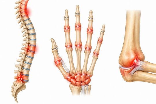 An illustration displaying the human spine, a hand with joints, and an elbow joint.