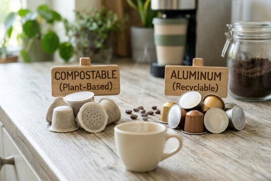 Eco friendly compostable coffee pods next to recyclable aluminum ones eco choice