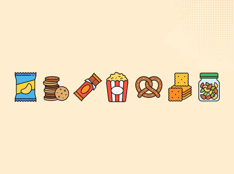 A colorful illustration of assorted snacks arranged horizontally on a table
